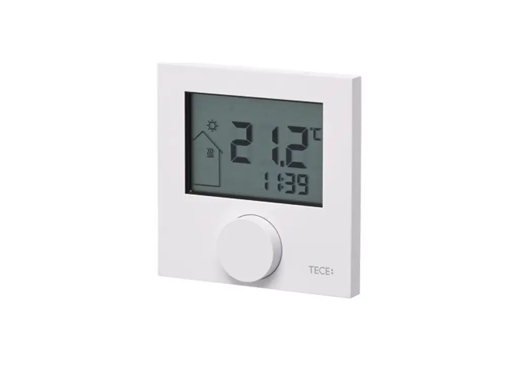 Thermostat von TECE mit digitalem Display zur Temperaturanzeige, einem Drehregler und Symbolen für Heizung und Zeit.